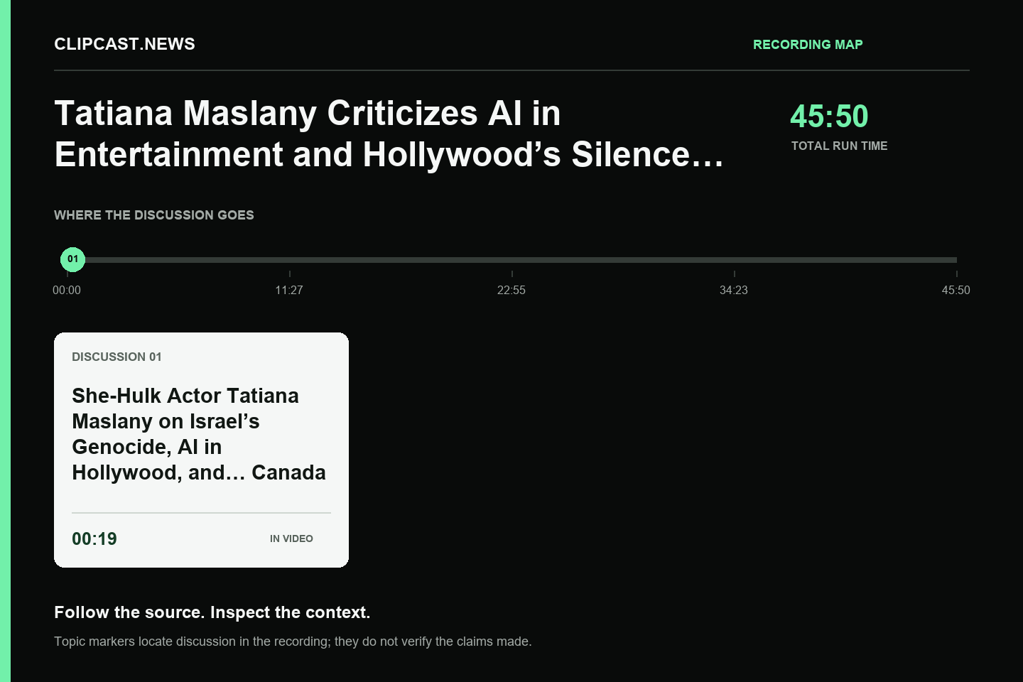 Recording map. Duration 45:50. 00:19 — She-Hulk Actor Tatiana Maslany on Israel’s Genocide, AI in Hollywood, and… Canada. Topic markers are not factual verification.