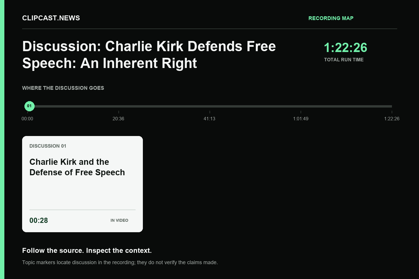 Recording map. Duration 1:22:26. 00:28 — Charlie Kirk and the Defense of Free Speech. Topic markers are not factual verification.