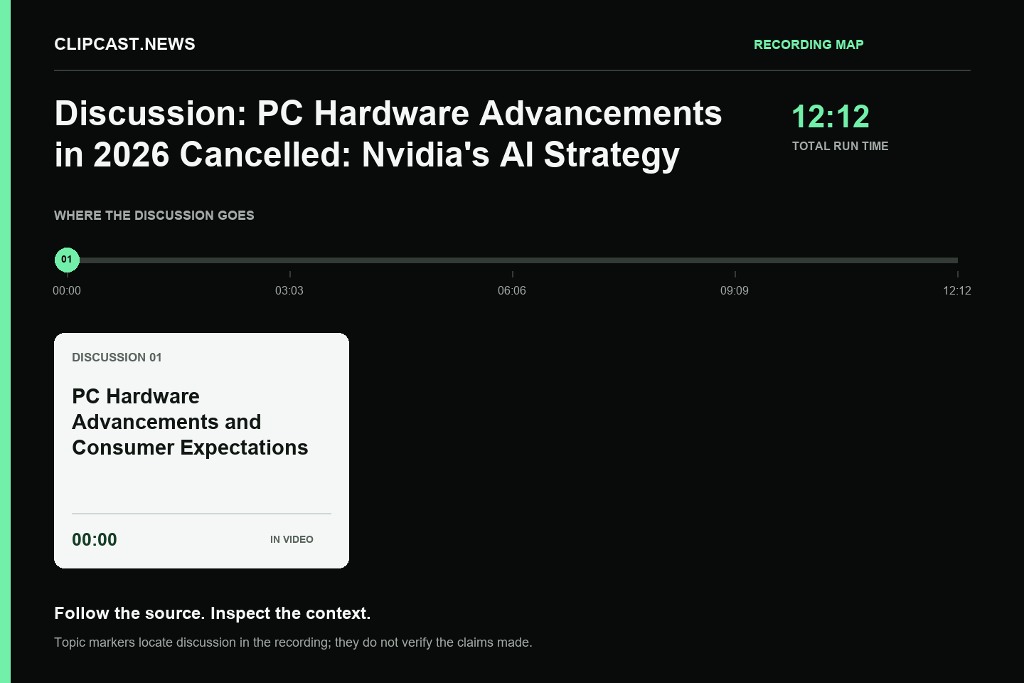 Recording map. Duration 12:12. 00:00 — PC Hardware Advancements and Consumer Expectations. Topic markers are not factual verification.