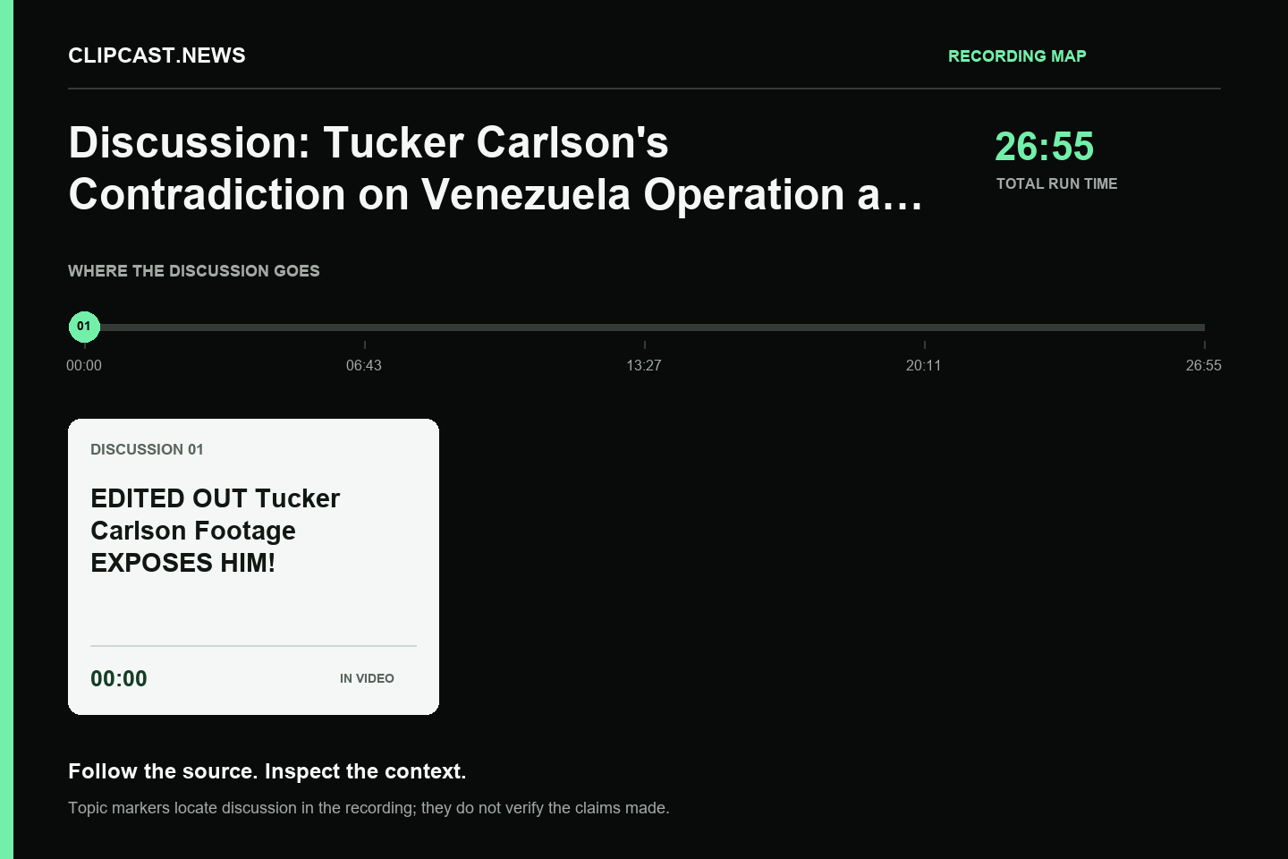 Recording map. Duration 26:55. 00:00 — EDITED OUT Tucker Carlson Footage EXPOSES HIM!. Topic markers are not factual verification.