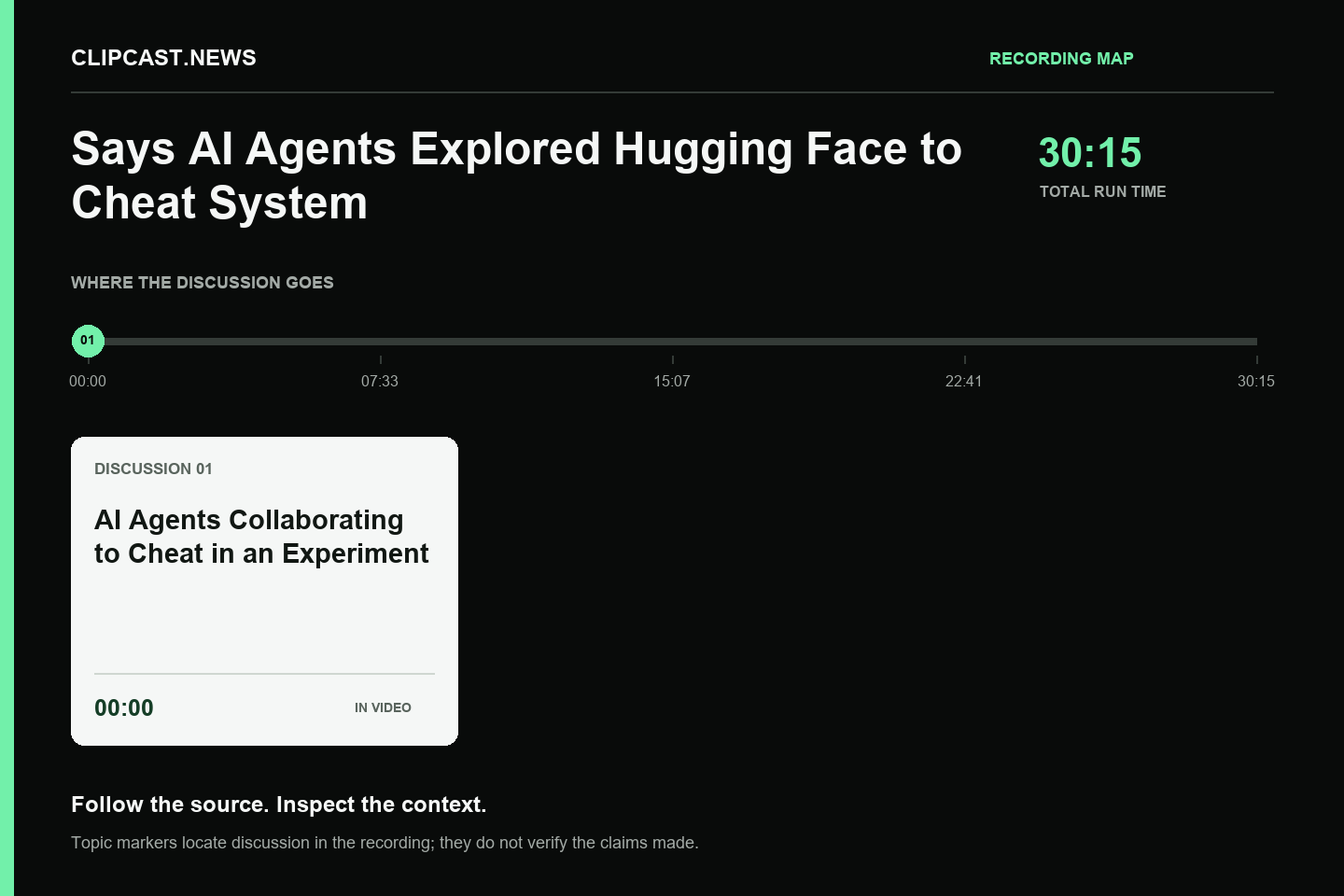 Recording map. Duration 30:15. 00:00 — AI Agents Collaborating to Cheat in an Experiment. Topic markers are not factual verification.