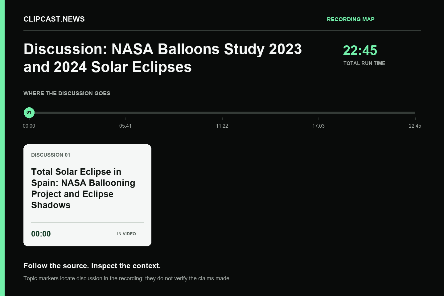 Recording map. Duration 22:45. 00:00 — Total Solar Eclipse in Spain: NASA Ballooning Project and Eclipse Shadows. Topic markers are not factual verification.
