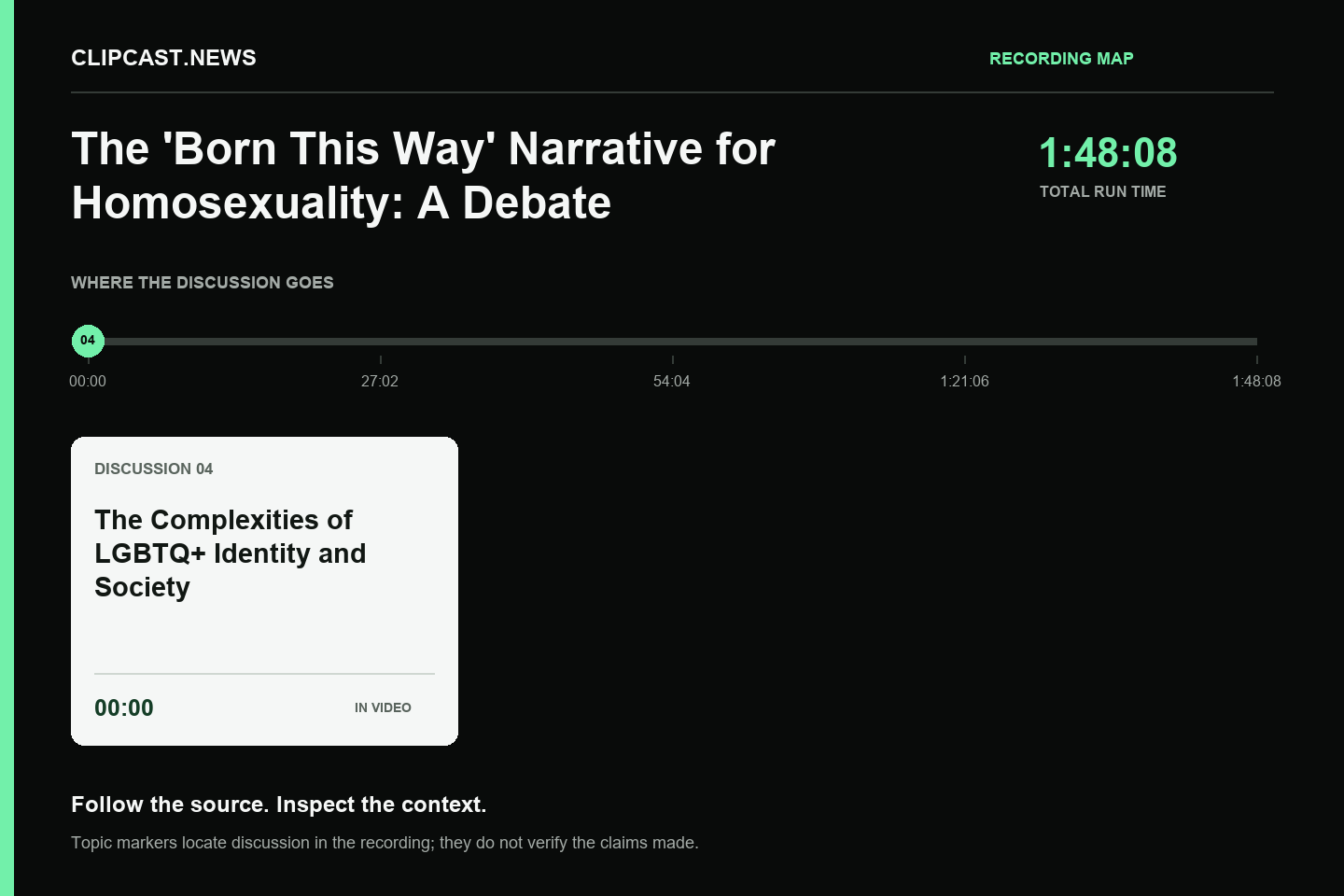 Recording map. Duration 1:48:08. 00:00 — The Complexities of LGBTQ+ Identity and Society. Topic markers are not factual verification.