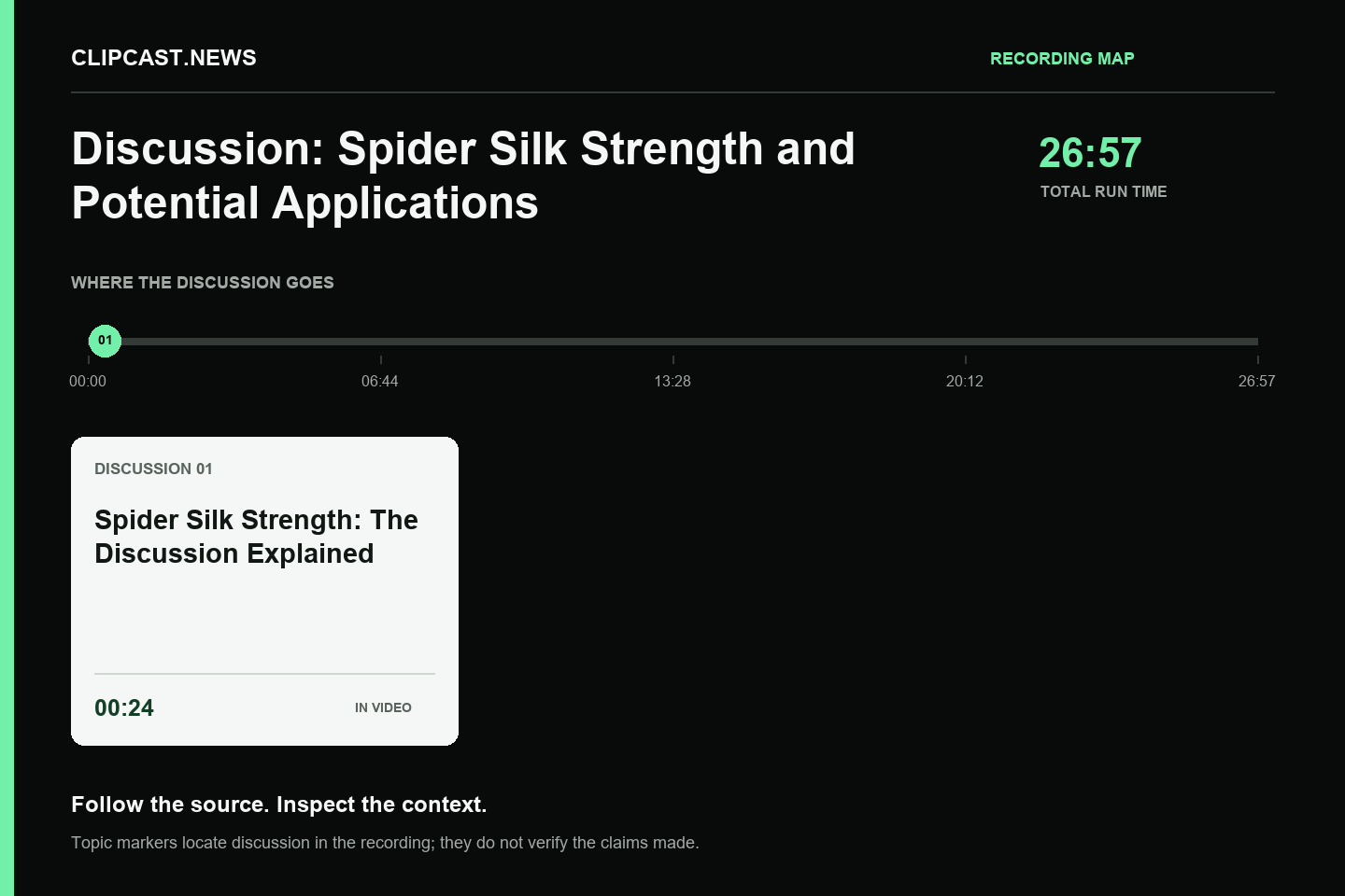 Recording map. Duration 26:57. 00:24 — Spider Silk Strength: The Discussion Explained. Topic markers are not factual verification.