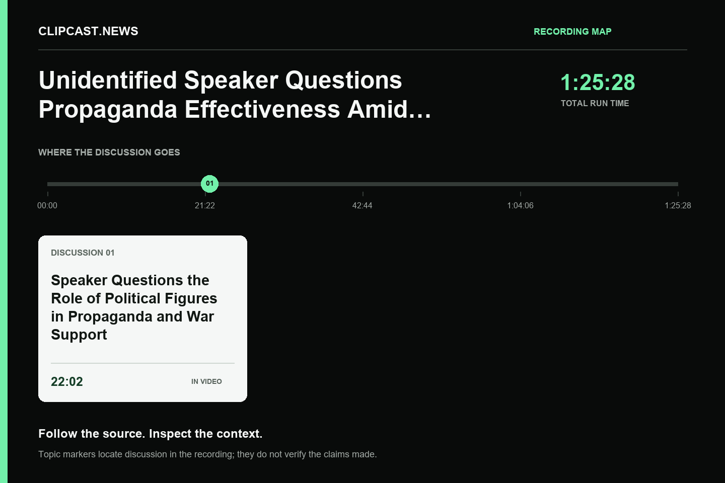 Recording map. Duration 1:25:28. 22:02 — Speaker Questions the Role of Political Figures in Propaganda and War Support. Topic markers are not factual verification.