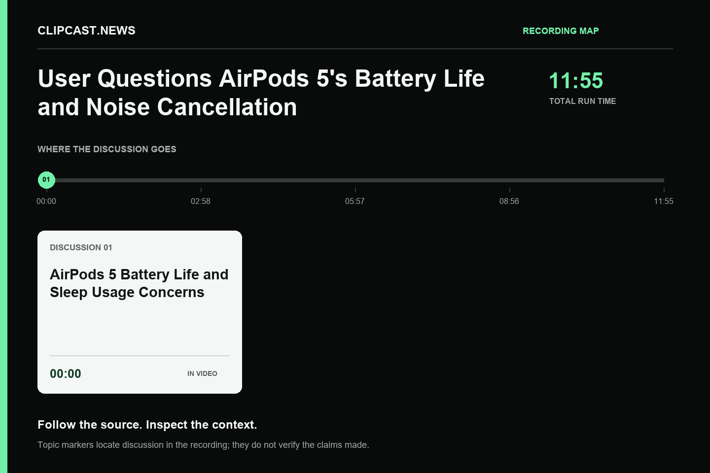 Recording map. Duration 11:55. 00:00 — AirPods 5 Battery Life and Sleep Usage Concerns. Topic markers are not factual verification.