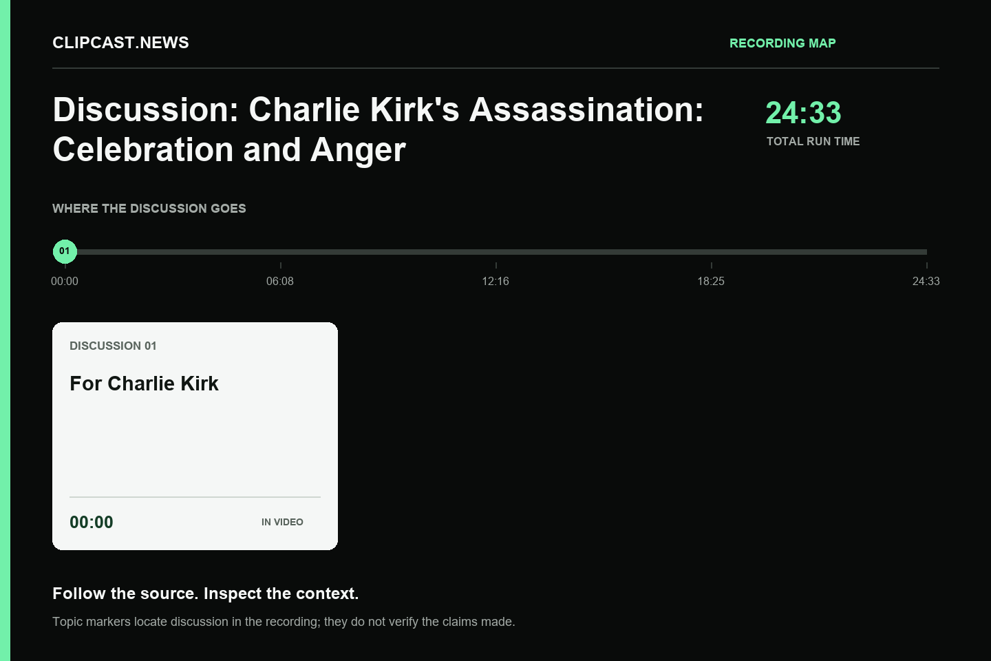 Recording map. Duration 24:33. 00:00 — For Charlie Kirk. Topic markers are not factual verification.