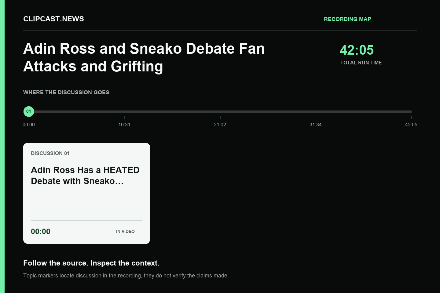 Recording map. Duration 42:05. 00:00 — Adin Ross Has a HEATED Debate with Sneako…. Topic markers are not factual verification.