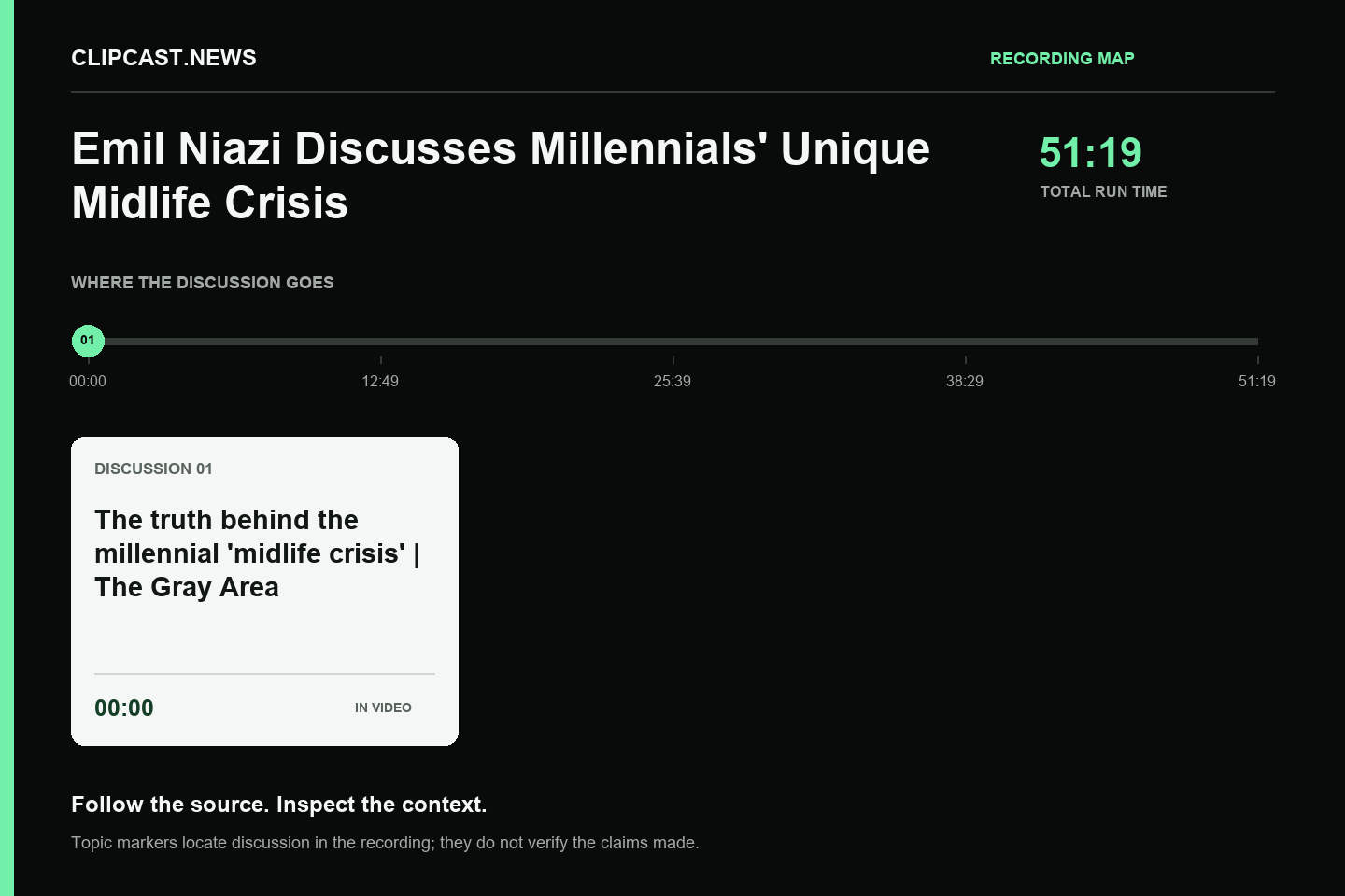 Recording map. Duration 51:19. 00:00 — The truth behind the millennial 'midlife crisis' | The Gray Area. Topic markers are not factual verification.