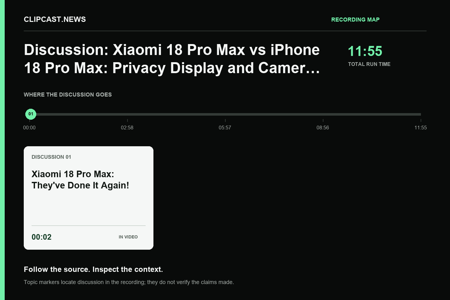 Recording map. Duration 11:55. 00:02 — Xiaomi 18 Pro Max: They've Done It Again!. Topic markers are not factual verification.