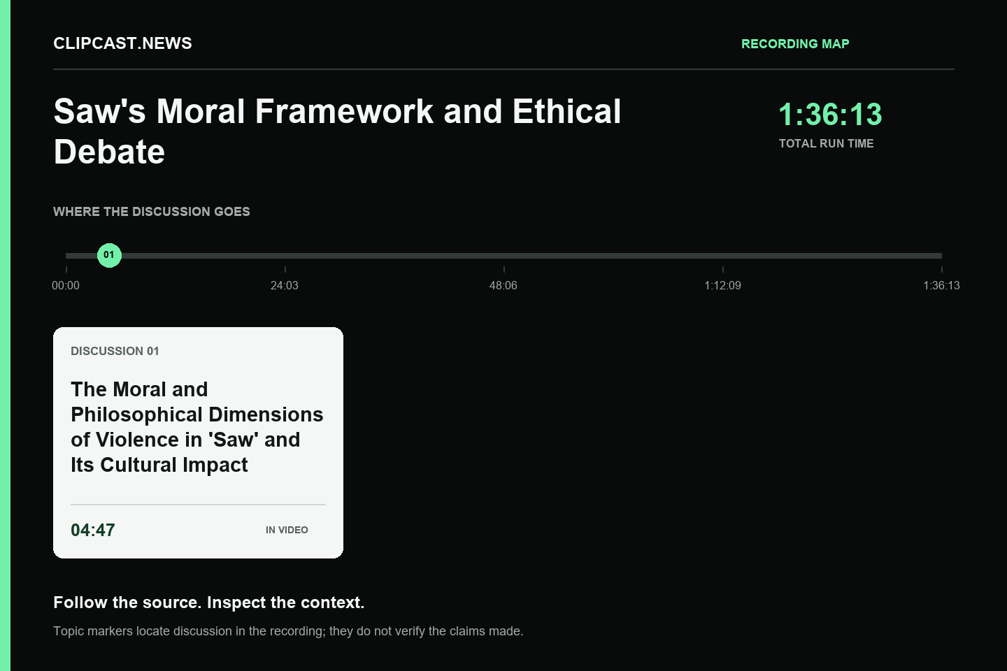 Recording map. Duration 1:36:13. 04:47 — The Moral and Philosophical Dimensions of Violence in 'Saw' and Its Cultural Impact. Topic markers are not factual verification.