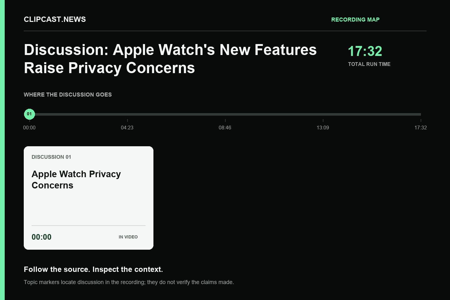 Recording map. Duration 17:32. 00:00 — Apple Watch Privacy Concerns. Topic markers are not factual verification.