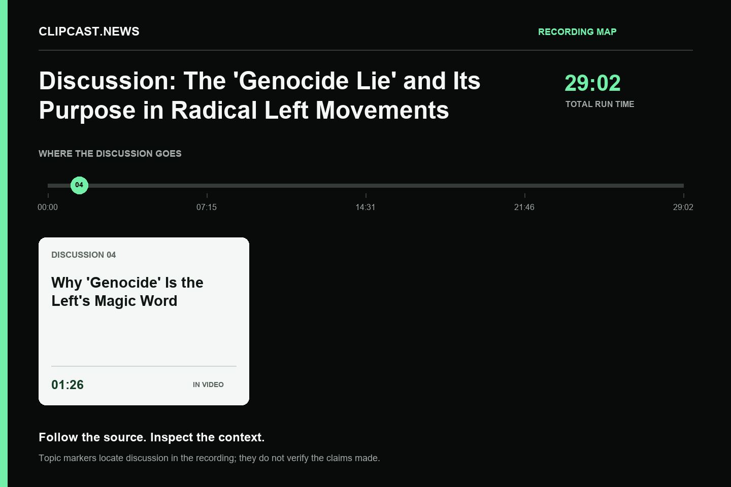 Recording map. Duration 29:02. 01:26 — Why 'Genocide' Is the Left's Magic Word. Topic markers are not factual verification.
