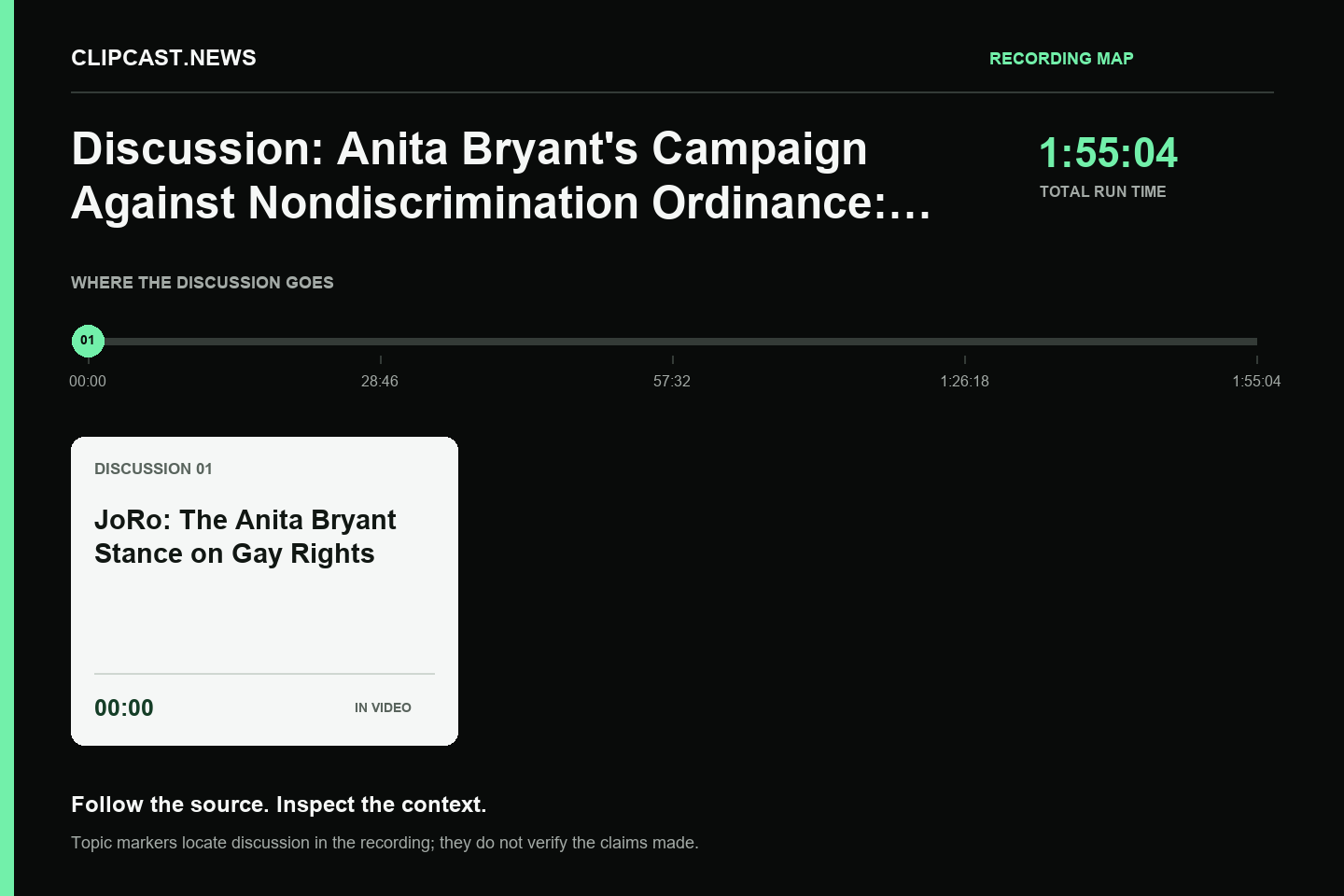 Recording map. Duration 1:55:04. 00:00 — JoRo: The Anita Bryant Stance on Gay Rights. Topic markers are not factual verification.