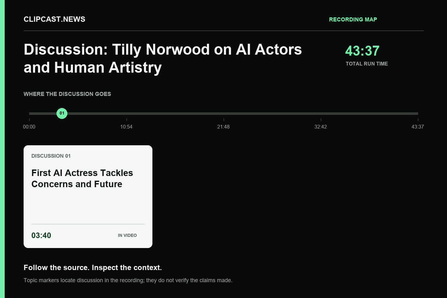 Recording map. Duration 43:37. 03:40 — First AI Actress Tackles Concerns and Future. Topic markers are not factual verification.