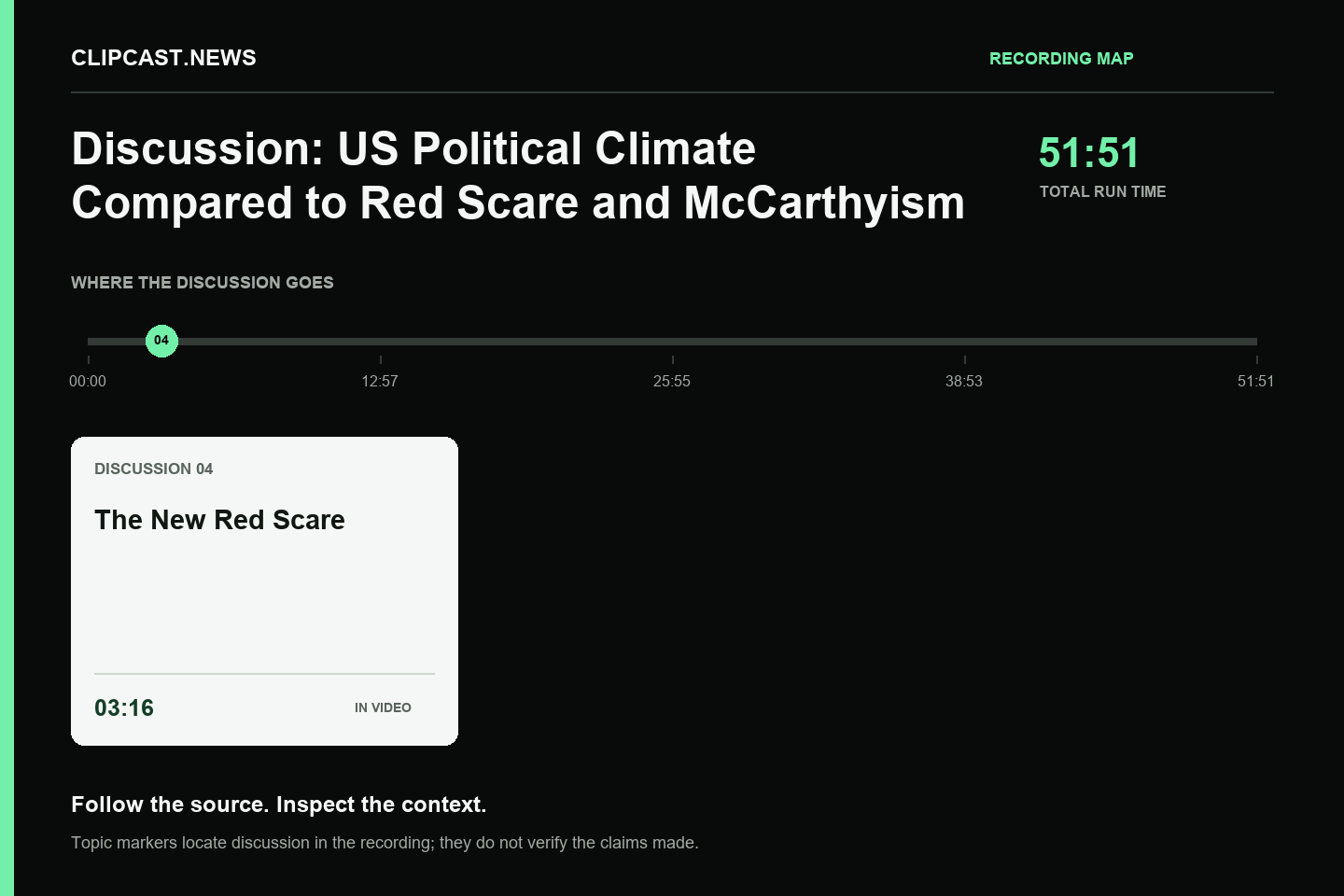 Recording map. Duration 51:51. 03:16 — The New Red Scare. Topic markers are not factual verification.