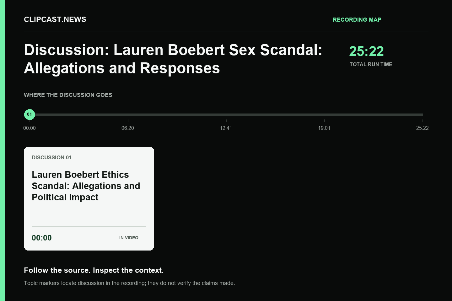 Recording map. Duration 25:22. 00:00 — Lauren Boebert Ethics Scandal: Allegations and Political Impact. Topic markers are not factual verification.