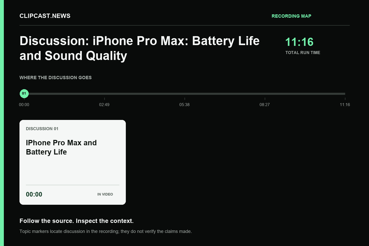 Recording map. Duration 11:16. 00:00 — IPhone Pro Max and Battery Life. Topic markers are not factual verification.
