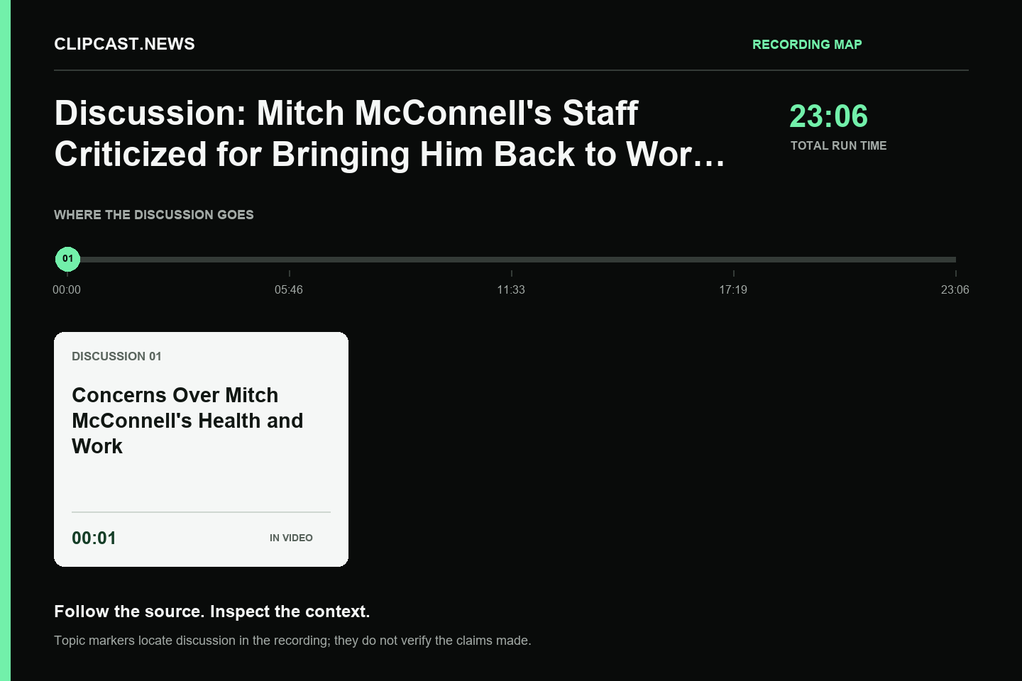 Recording map. Duration 23:06. 00:01 — Concerns Over Mitch McConnell's Health and Work. Topic markers are not factual verification.