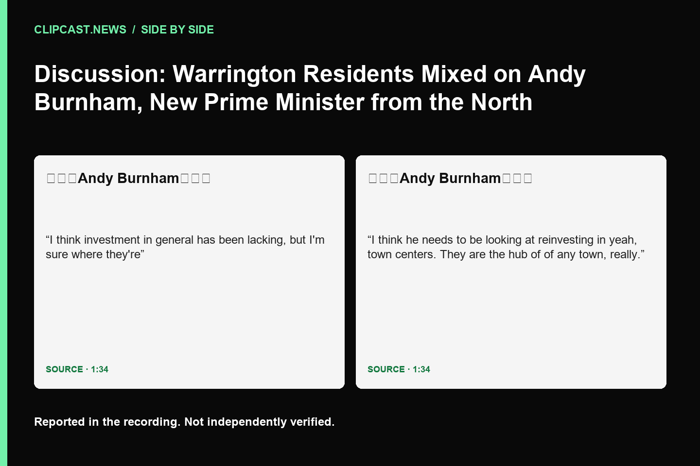 居民对Andy Burnham的看法: I think investment in general has been lacking, but I'm sure where they're (1:34); 居民对Andy Burnham的期望: I think he needs to be looking at reinvesting in yeah, town centers. They are the hub of of any town, really. (1:34)