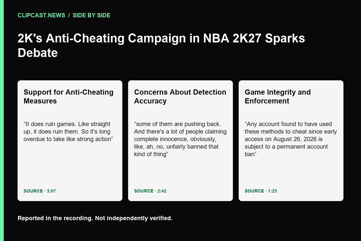 Support for Anti-Cheating Measures: It does ruin games. Like straight up, it does ruin them. So it's long overdue to take like strong action (3:07); Concerns About Detection Accuracy: some of them are pushing back. And there's a lot of people claiming complete innocence, obviously, like, ah, no, unfairly banned that kind of thing (2:42); Game Integrity and Enforcement: Any account found to have used these methods to cheat since early access on August 26, 2026 is subject to a permanent account ban (1:25)