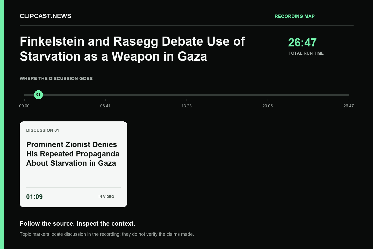 Recording map. Duration 26:47. 01:09 — Prominent Zionist Denies His Repeated Propaganda About Starvation in Gaza. Topic markers are not factual verification.