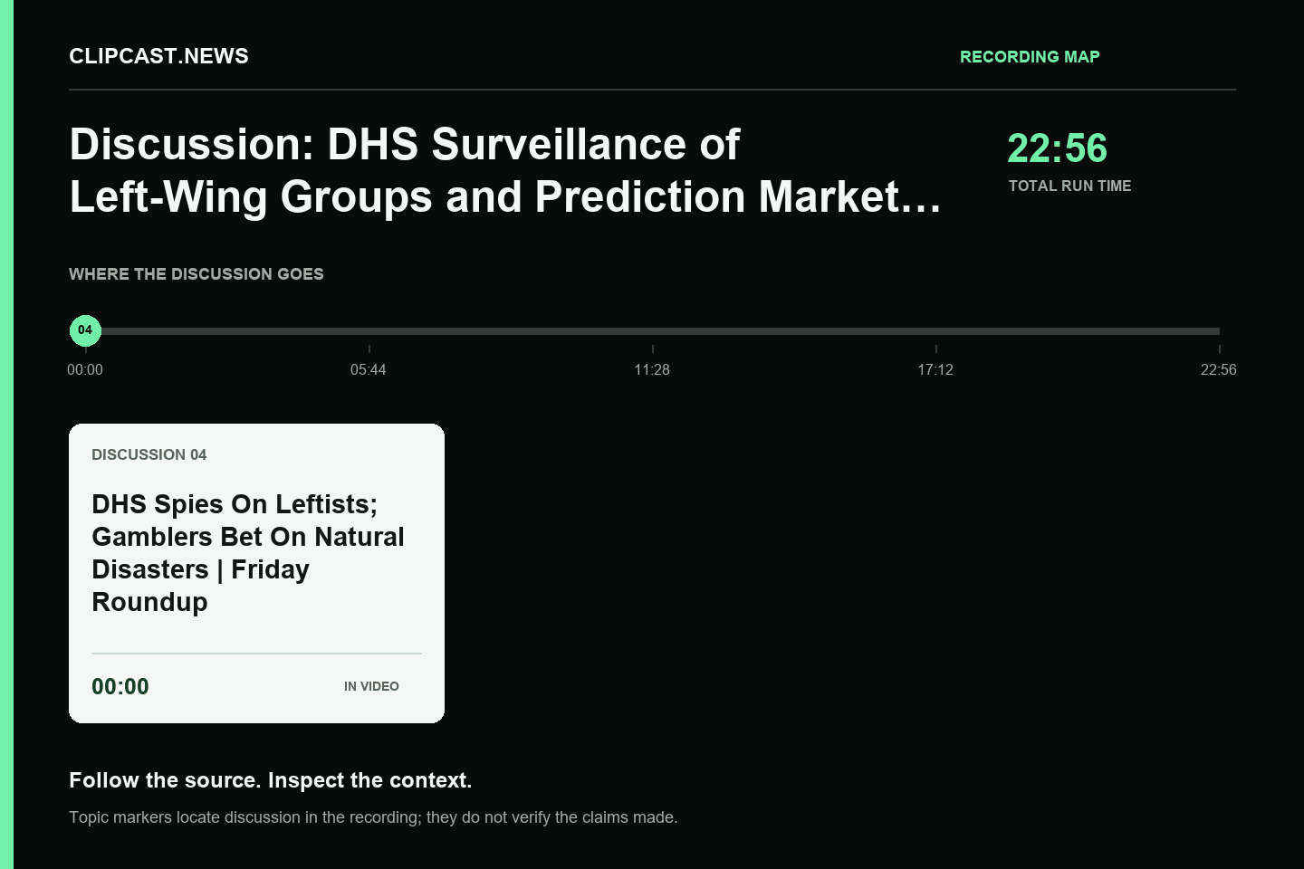Recording map. Duration 22:56. 00:00 — DHS Spies On Leftists; Gamblers Bet On Natural Disasters | Friday Roundup. Topic markers are not factual verification.