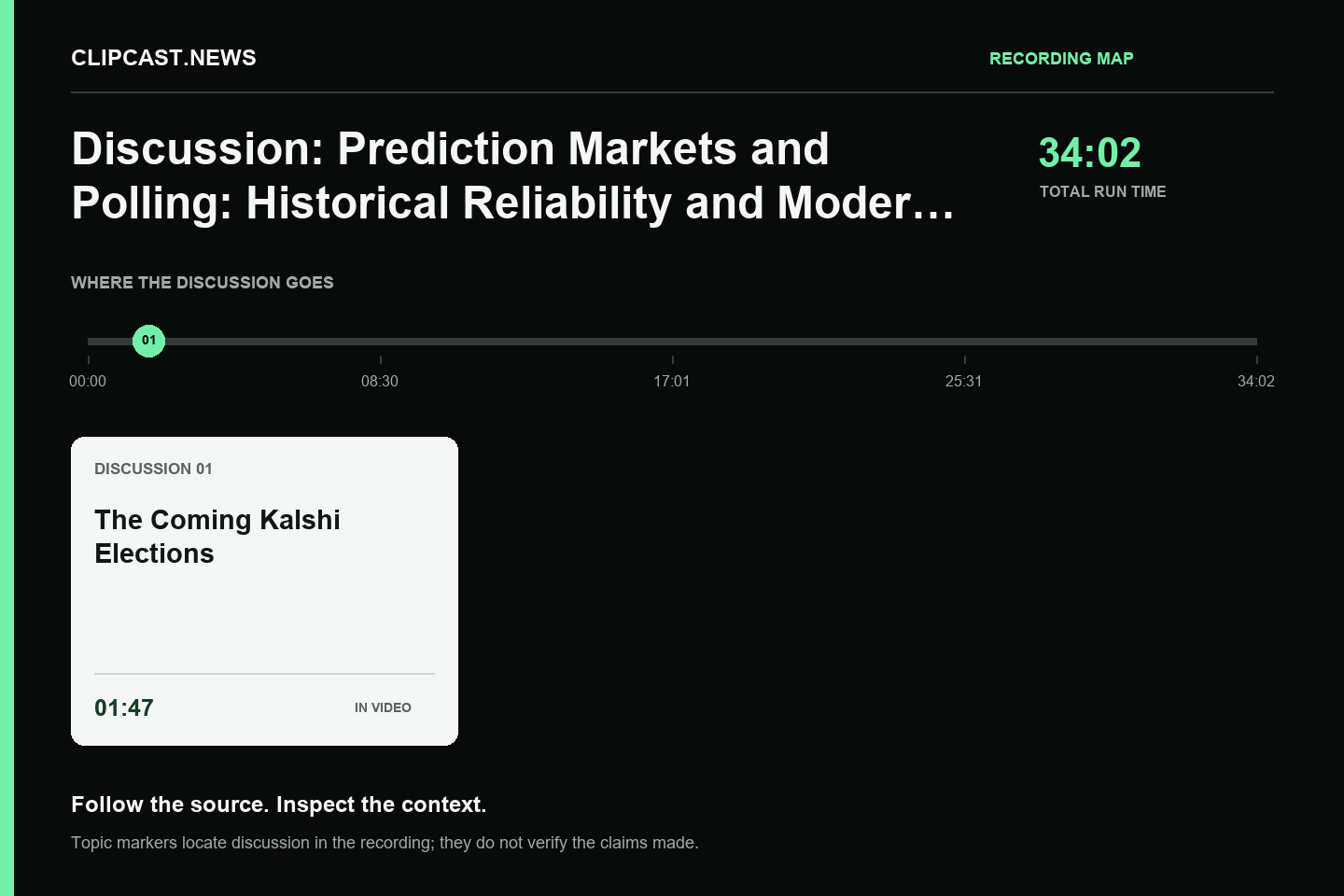Recording map. Duration 34:02. 01:47 — The Coming Kalshi Elections. Topic markers are not factual verification.