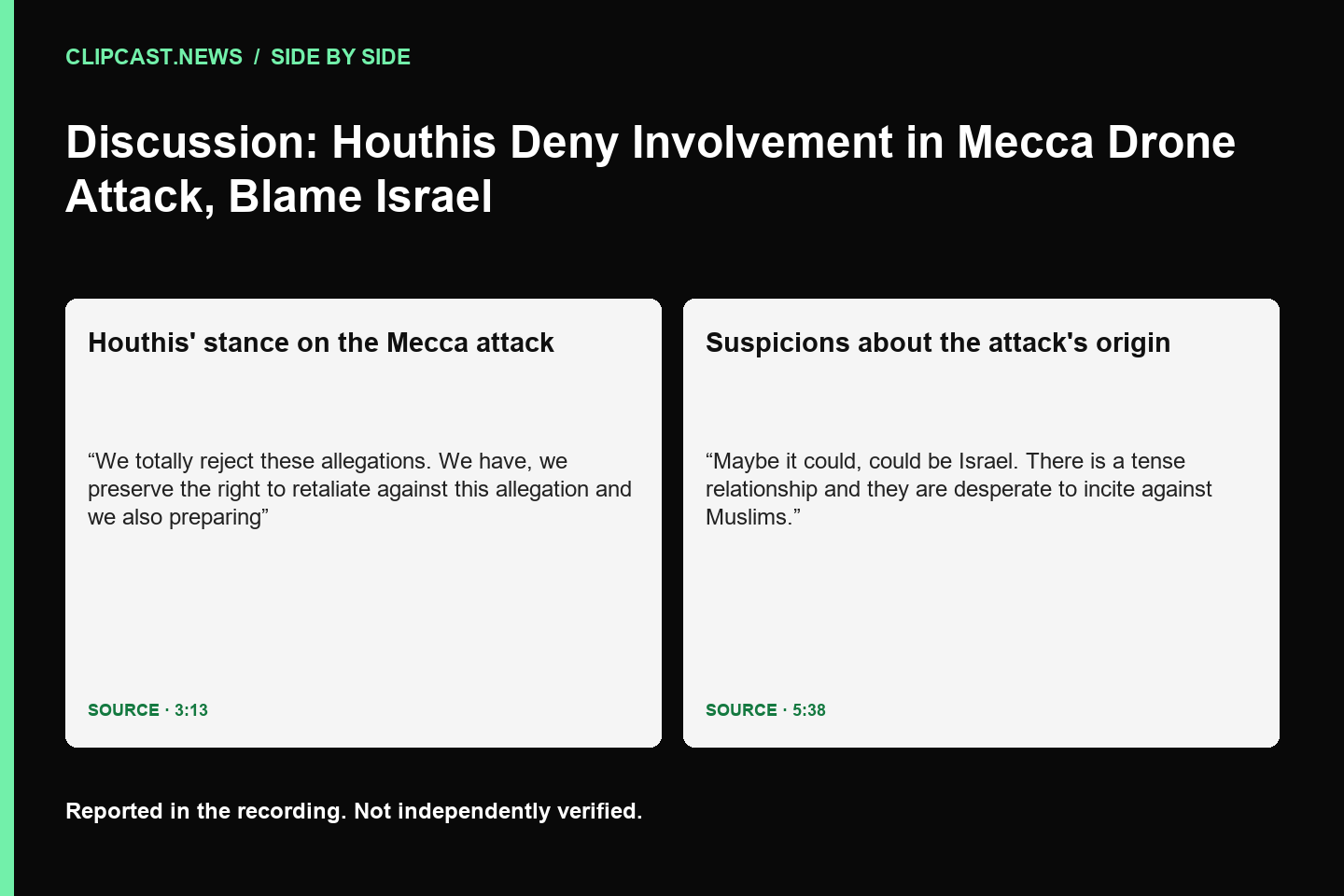 Houthis' stance on the Mecca attack: We totally reject these allegations. We have, we preserve the right to retaliate against this allegation and we also preparing (3:13); Suspicions about the attack's origin: Maybe it could, could be Israel. There is a tense relationship and they are desperate to incite against Muslims. (5:38)