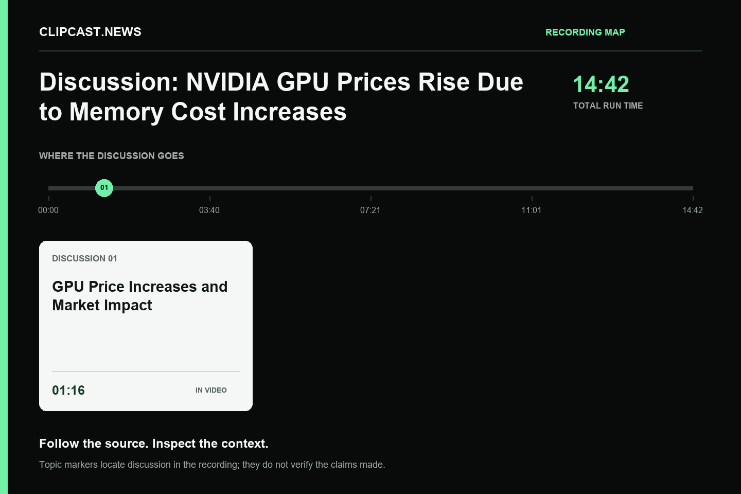 Recording map. Duration 14:42. 01:16 — GPU Price Increases and Market Impact. Topic markers are not factual verification.