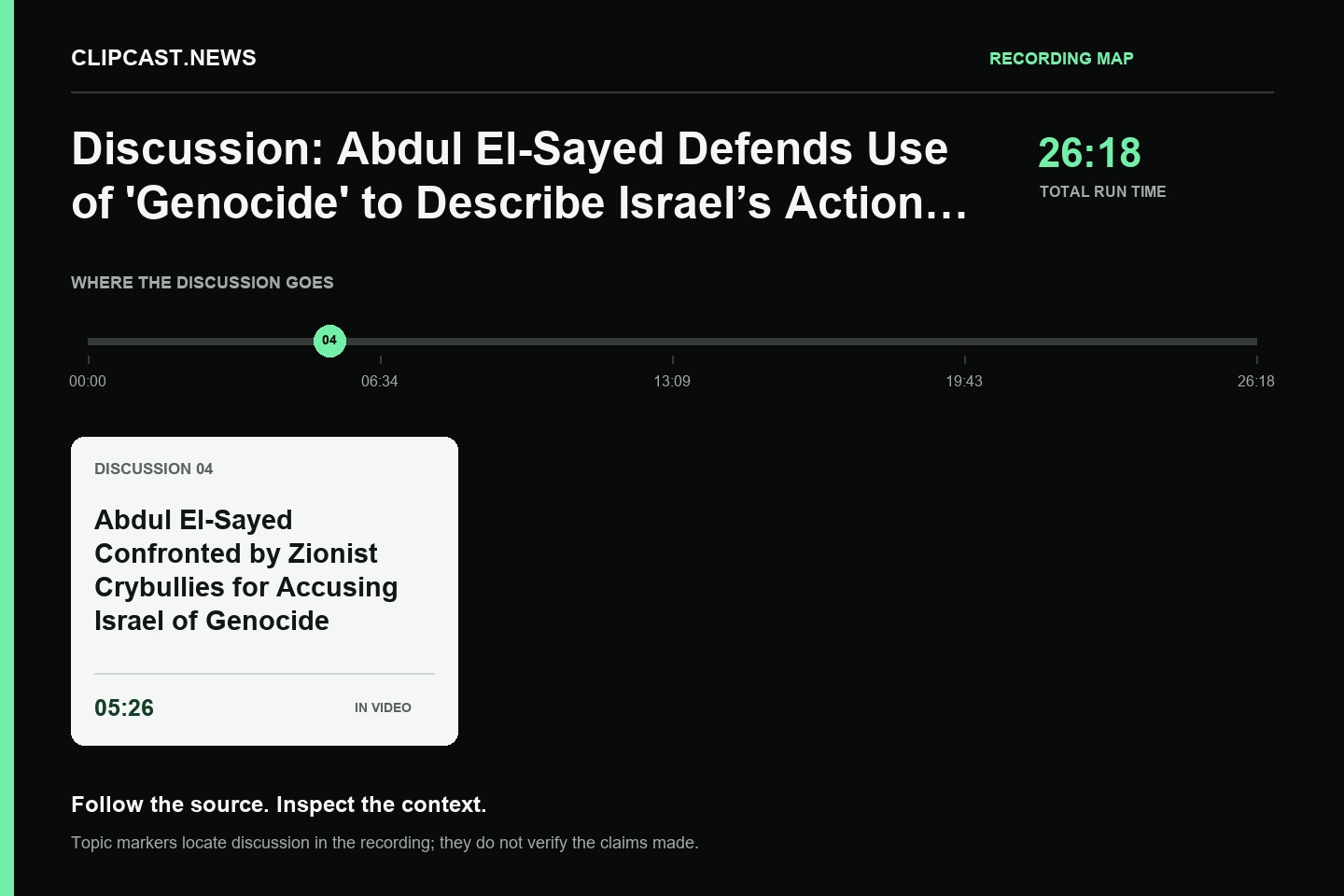 Recording map. Duration 26:18. 05:26 — Abdul El-Sayed Confronted by Zionist Crybullies for Accusing Israel of Genocide. Topic markers are not factual verification.
