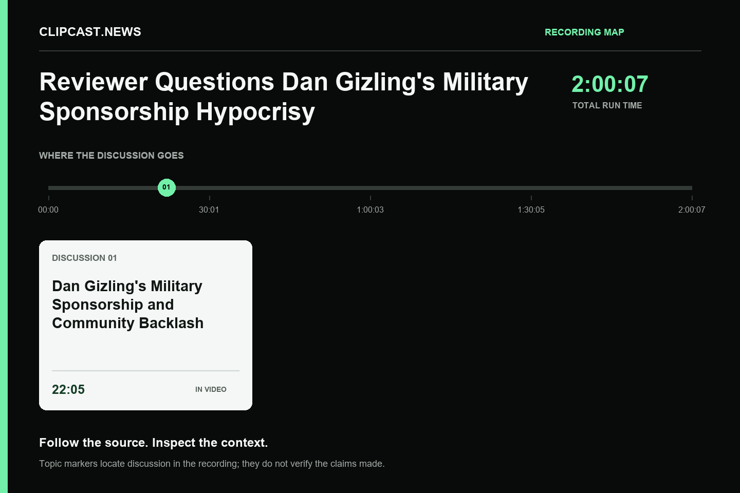 Recording map. Duration 2:00:07. 22:05 — Dan Gizling's Military Sponsorship and Community Backlash. Topic markers are not factual verification.