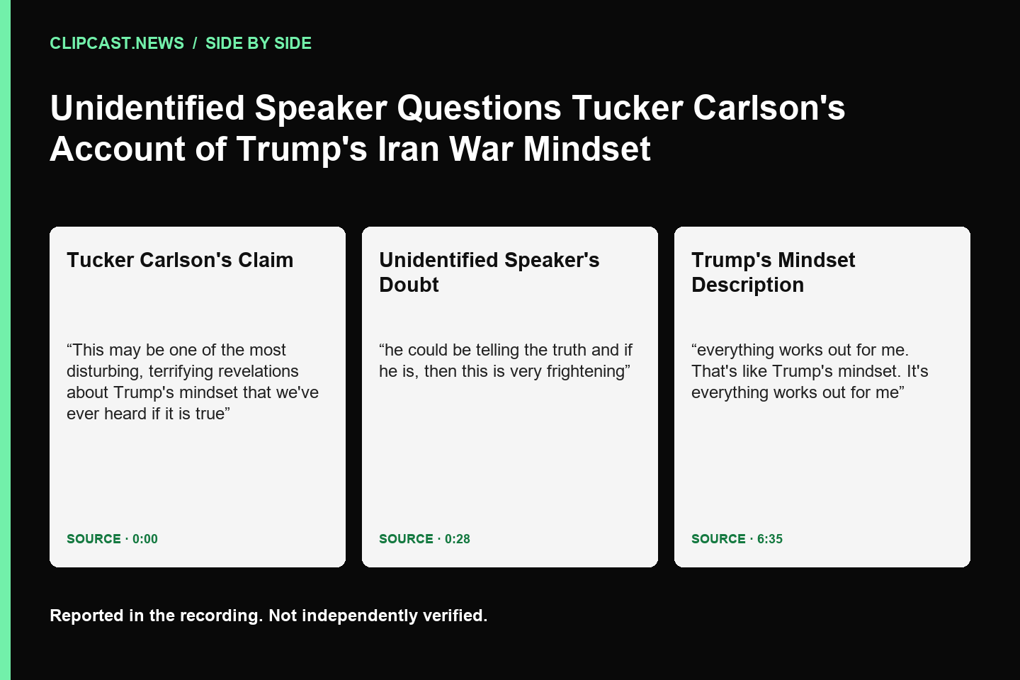 Tucker Carlson's Claim: This may be one of the most disturbing, terrifying revelations about Trump's mindset that we've ever heard if it is true (0:00); Unidentified Speaker's Doubt: he could be telling the truth and if he is, then this is very frightening (0:28); Trump's Mindset Description: everything works out for me. That's like Trump's mindset. It's everything works out for me (6:35)