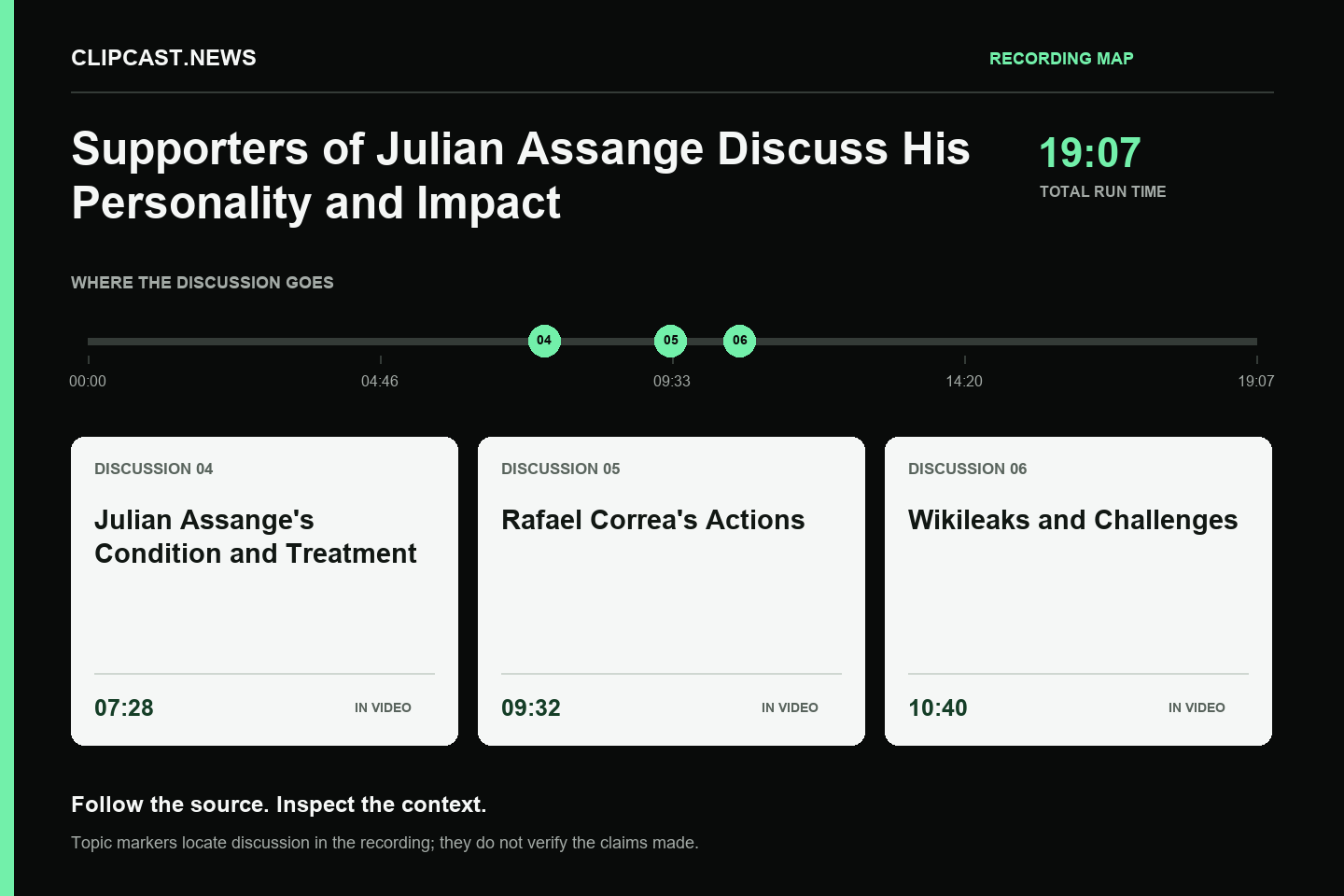 Recording map. Duration 19:07. 07:28 — Julian Assange's Condition and Treatment; 09:32 — Rafael Correa's Actions; 10:40 — Wikileaks and Challenges. Topic markers are not factual verification.